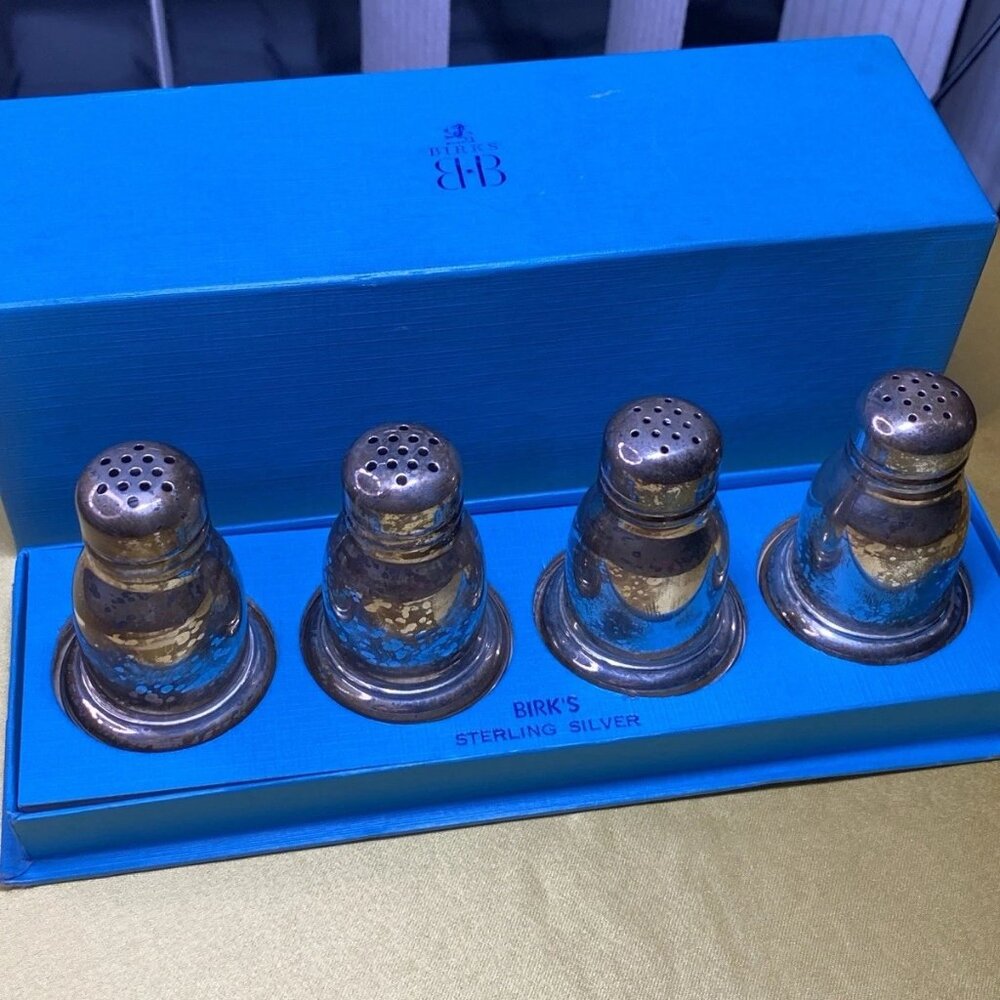 Vintage Birks Sterling Silver Salt Shakers Set of 4 w/ Original Box 1950s 70g